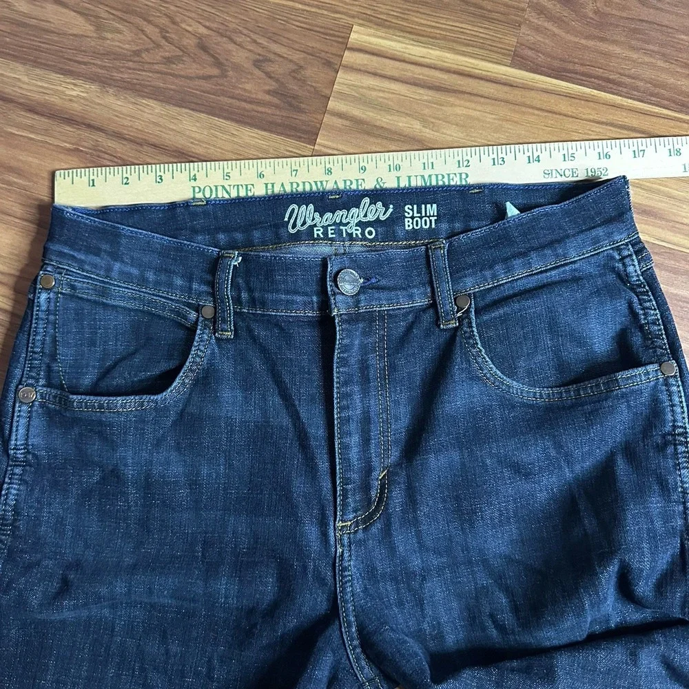 Wrangler Retro Jeans Mens 32x34 Dark Blue Denim Patch Slim Fit Bootcut 77MWZDX
